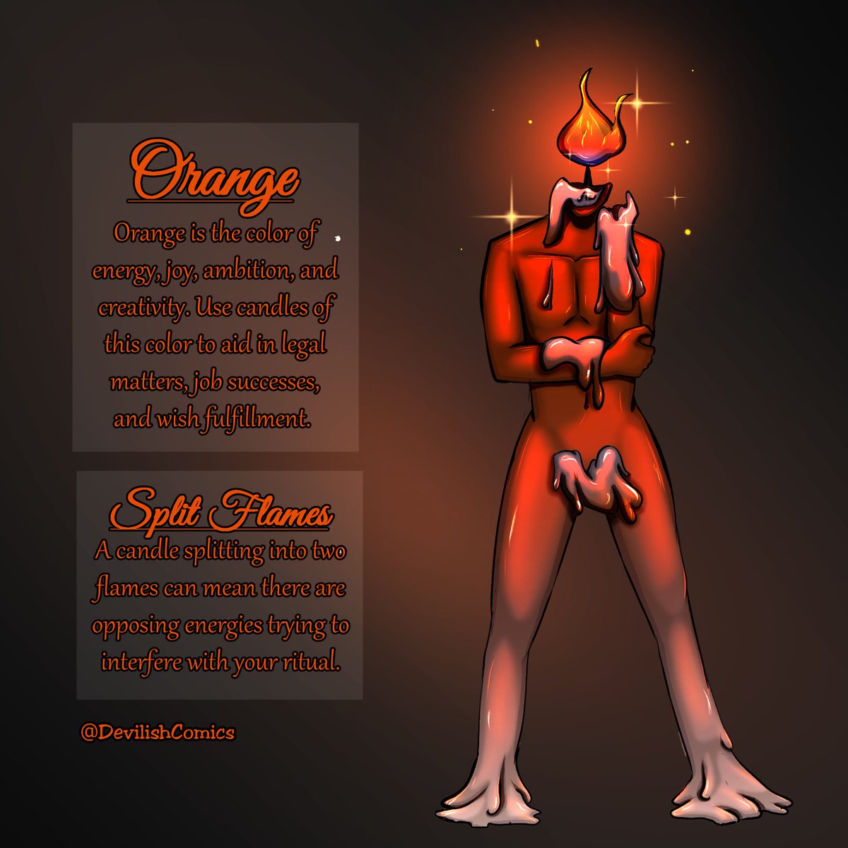 DevilishComics's tweet photo. Orange is the color of energy, joy, ambition, and creativity. Use candles of this color to aid in legal matters, job successes, and wish fulfillment. 🧡

#wicca #witchcraft #digitalart #candlemagick https://t.co/DON5OG9o4N