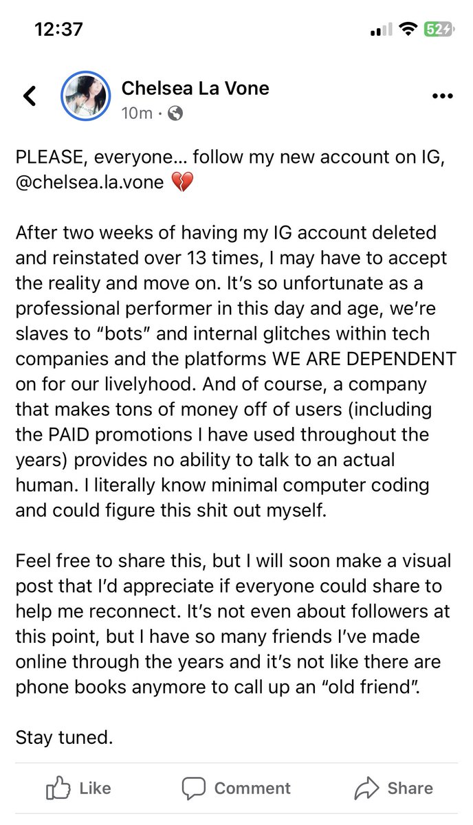 Welp, i think after two weeks I may have lost this battle. Thanks for having  malfunctioning tech that ruins lives. <a href="/Meta/">Meta</a> <a href="/instagram/">Instagram</a>