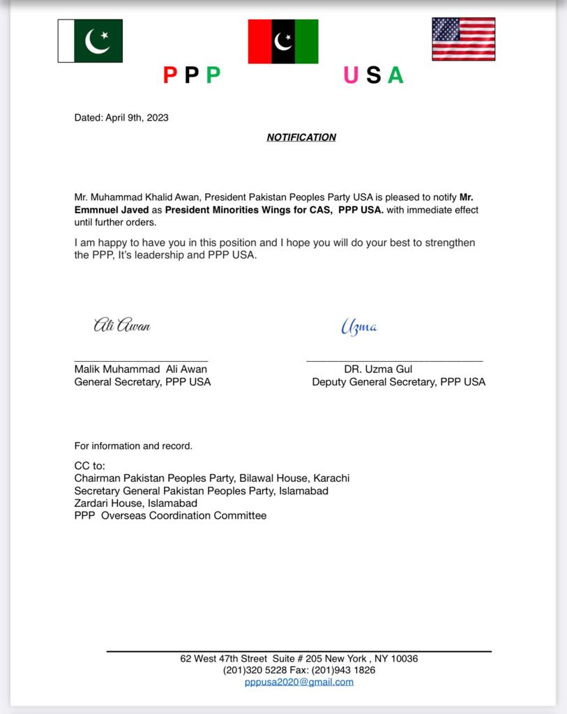 PPPUSA_Org's tweet photo. Congratulations Mr. #EmmnuelJaved notified as President #MinoritiesWing for #California #PPPUSA #Overseas #Pakistan #MinoritiesWing #USA #PPPUSA #CA #ReligiousMinorities
@BBhuttoZardari @BakhtawarBZ @AseefaBZ
@SurendarValasai @PPPDigitalUSA https://t.co/Sn4Wsx1X1J
