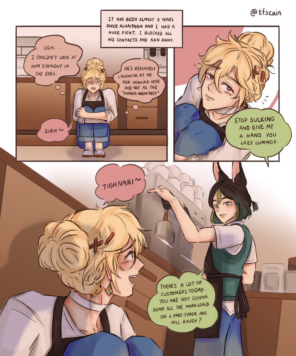 tfscain's tweet photo. <Coffee shop au> Unexpected Part.2 ☕️☕️
#Kaveh #Alhaitham #Tighnari #AlhaithamKaveh #haikaveh #1halkav #アルカヴェ #知妙 #coffeeshopau https://t.co/EU8kb5AaZ9