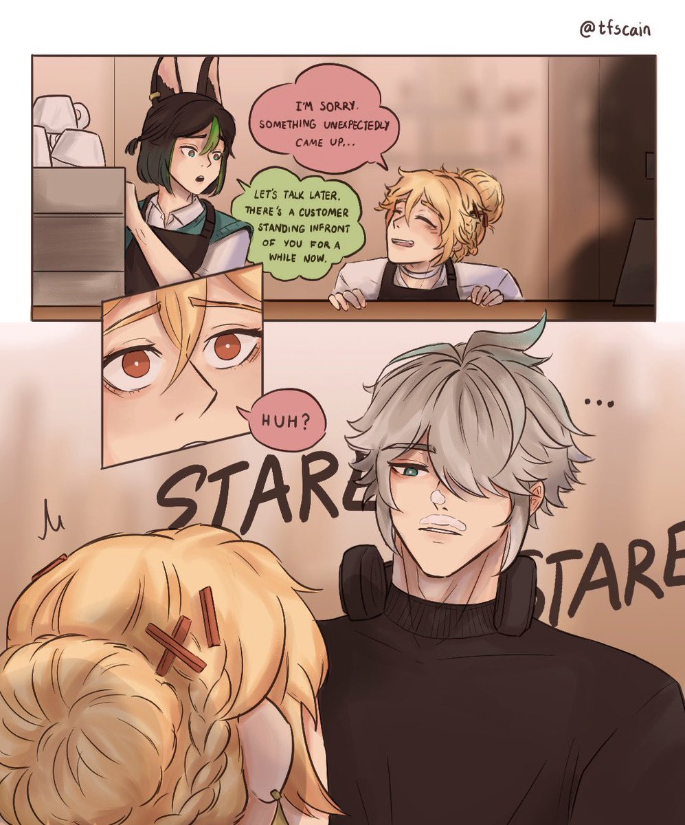 tfscain's tweet photo. <Coffee shop au> Unexpected Part.2 ☕️☕️
#Kaveh #Alhaitham #Tighnari #AlhaithamKaveh #haikaveh #1halkav #アルカヴェ #知妙 #coffeeshopau https://t.co/EU8kb5AaZ9