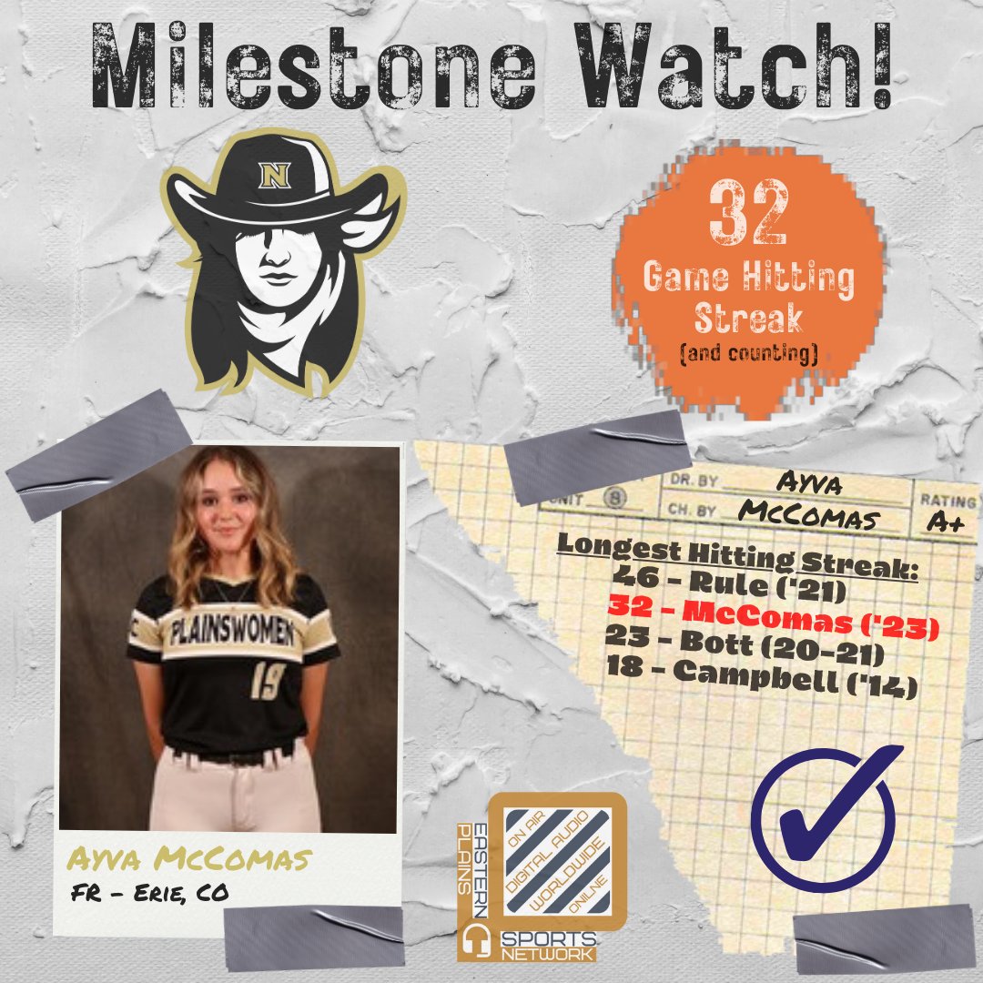 Eastern Plains Sports Network (@easternplainssn) on Twitter photo Records continue to fall across <a href="/NJC_Athletics/">NJC Athletics</a> Softball history with this year's incredible team! Ayva McComas extended her hitting streak to 32 games this weekend at Luna. We're excited to get them back on 94.5 The Ranch & 945theranch.com against WNCC this week! Records continue to fall across <a href="/NJC_Athletics/">NJC Athletics</a> Softball history with this year's incredible team! Ayva McComas extended her hitting streak to 32 games this weekend at Luna. We're excited to get them back on 94.5 The Ranch & 945theranch.com against WNCC this week!