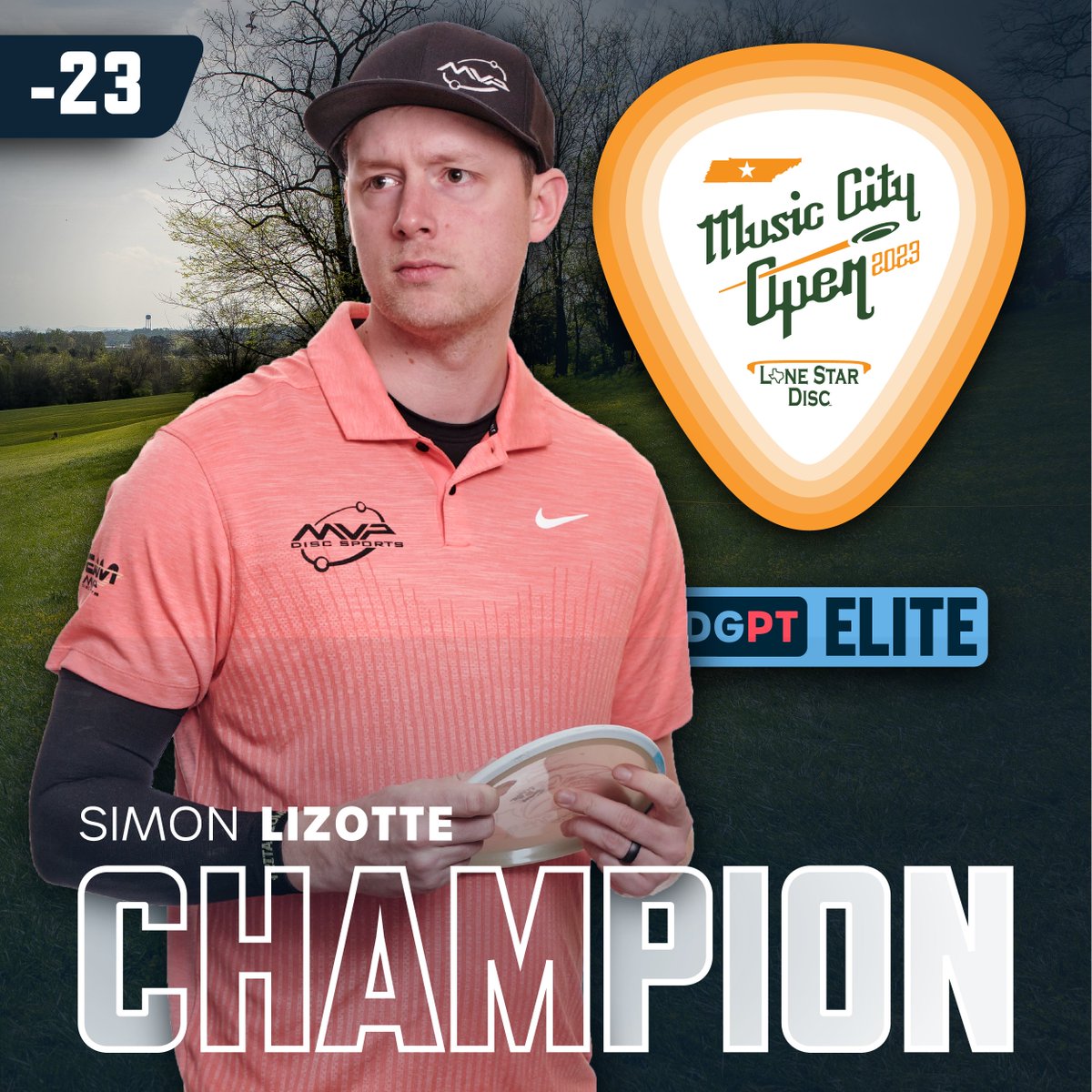 DiscGolfProTour's tweet photo. From the chase card! Simon Lizotte is your 2023 Music City Open MPO Champion 🎸 https://t.co/oA10xcg5kC