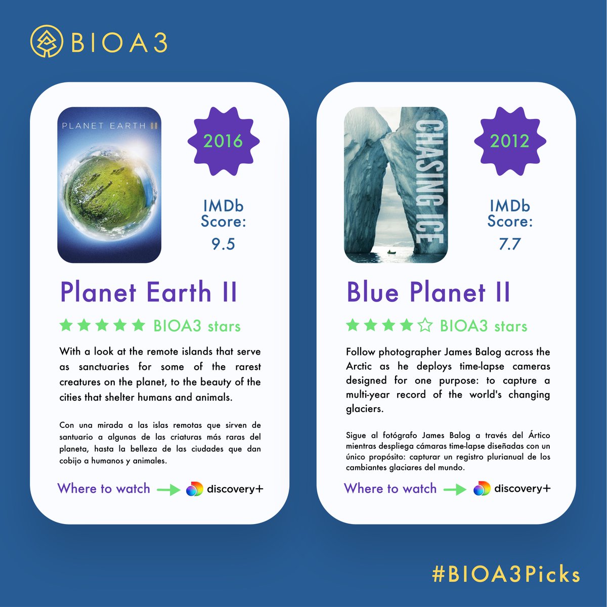 BioA3_Official's tweet photo. #BIOA3Picks Today we want to recommend to you guys these amazing documentaries that show how nature works in ways beyond our imagination and what we can do to help preserve it.

📍 Follow us in our socials https://t.co/r5GYDGvV4k
#bioa3 #cryptonews #crypto #altcoin https://t.co/Io1Xsyl7LL