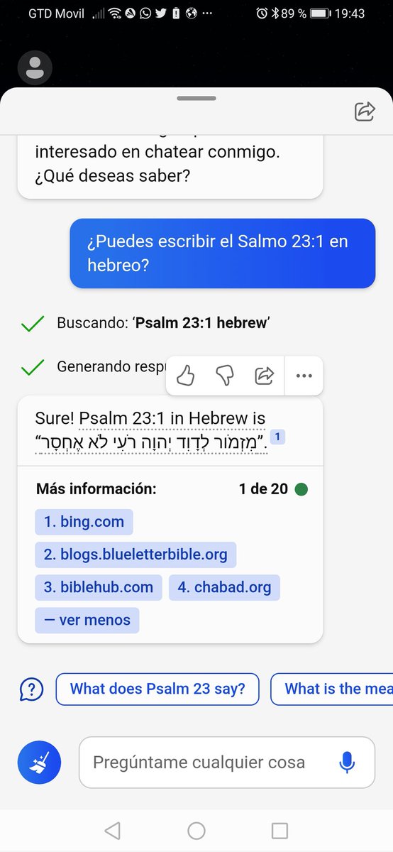 podcasttyc's tweet photo. A propósito de la inteligencia artificial, le pregunté a Bing chat si podía escribir el Salmo 23 :1 en hebreo y esta fue la respuesta: https://t.co/mcpAoAGXlt