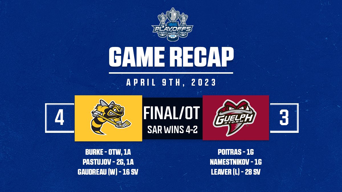 Nolan Burke scored his second OT winner of the series, sending <a href="/StingHockey/">Sarnia Sting</a> to the second round of the #OHLPlayoffs for the first time since 2018.

#SARvsGUE STATS &amp; HIGHLIGHTS 📊🎥: bit.ly/3GvcHOj