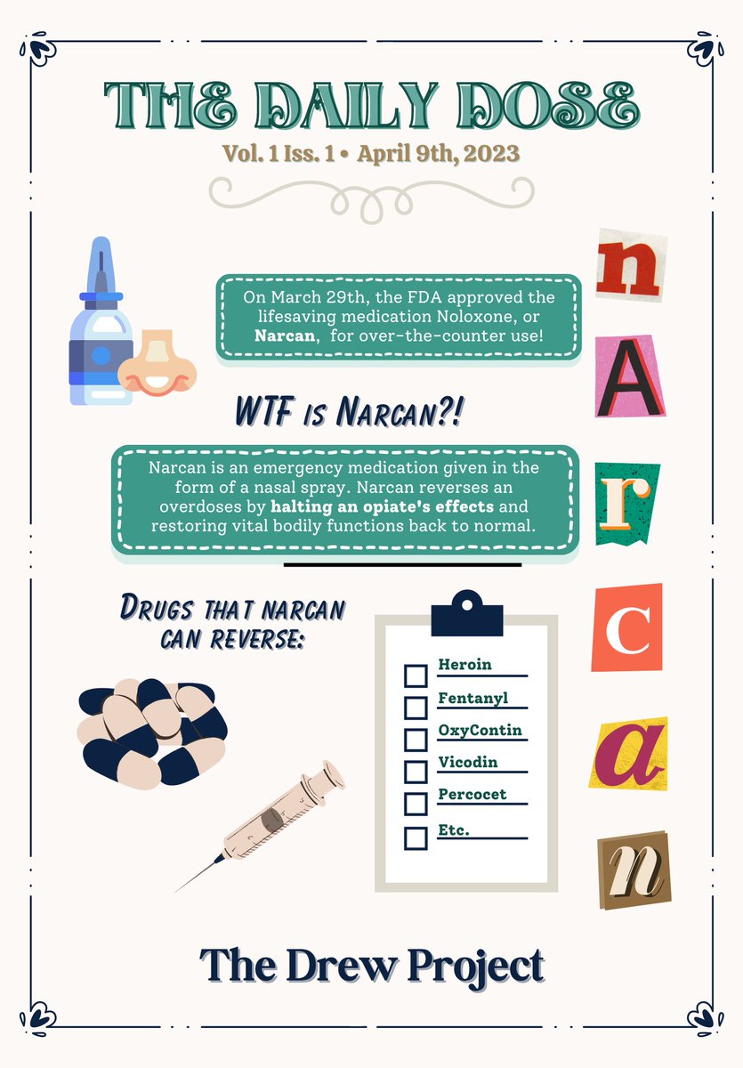 PRwithGracie's tweet photo. This week, #TheDrewProject is here to educate on the newest FDA-approved lifesaving antidote — Narcan. Learn the basics on this revolutionary drug below! #MimsPR @mimsPR https://t.co/b21G5tfflb