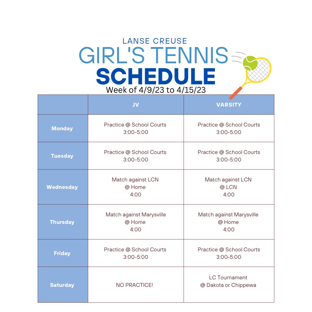 LCTennisTeam1's tweet photo. 🚨Hope everyone had a great spring break!! Here is this week’s updates:🚨

• Practices are 3-5 and are all at the school courts. 
• Matches this week are against LCN and Marysville.
• Varsity tournament this Saturday, more info to come. 
• Pictures soon! more info is to come. https://t.co/uM8tO6l8m5