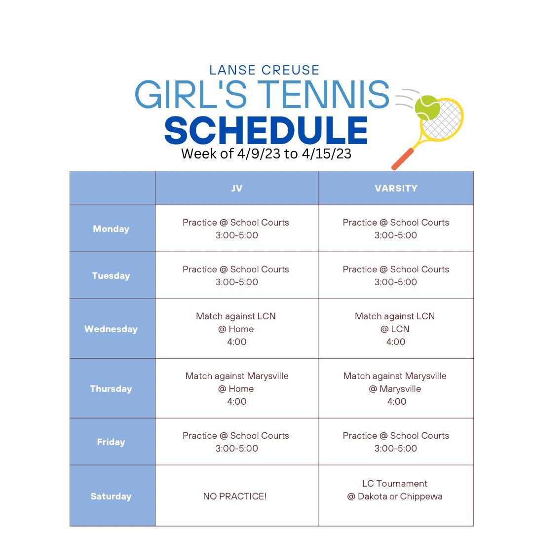 LCTennisTeam1's tweet photo. For the Thursday match against Marysville, varsity will be at Marysville. Here is the updated schedule. https://t.co/66NgFGZO5P