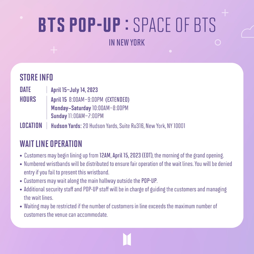 SukoshiOfficial's tweet photo. [BTS POP-UP : SPACE OF BTS in NEW YORK]
⏰ April 15–July 14, 2023
📍 Hudson Yards

HEY NEW YORK! 📢
Get ready for your favourite BTS merch &amp; MORE! See you there! 💜

#BTS #SPACE_OF_BTS #NYC #NEWYORKCITY https://t.co/dscaRigum0