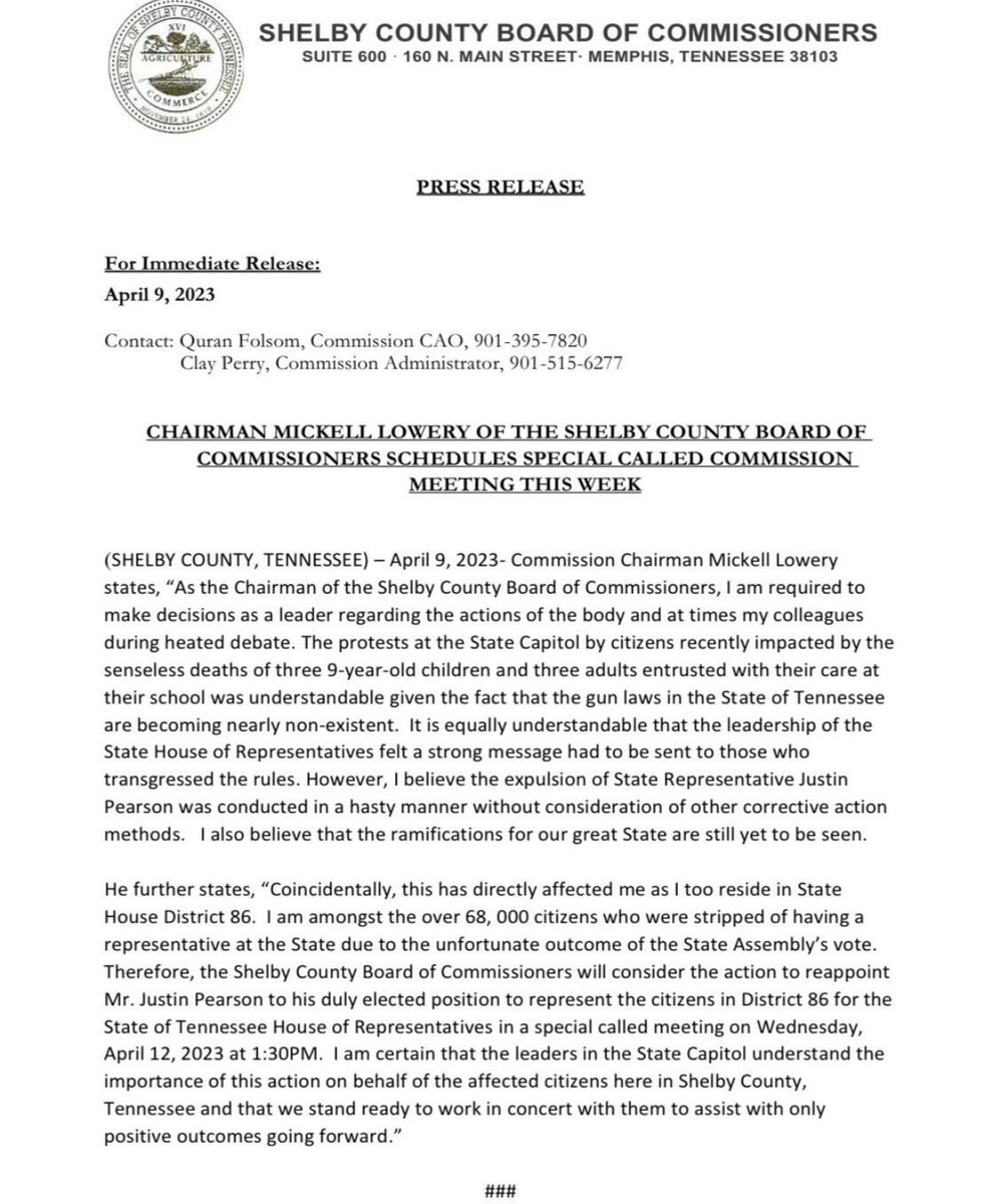 The Tennessee Holler (@thetnholler) on Twitter photo MEMPHIS — Shelby County Commission sets the special meeting to consider reappointing <a href="/Justinjpearson/">Justin J. Pearson</a> for APRIL 12 @ 130PM MEMPHIS — Shelby County Commission sets the special meeting to consider reappointing <a href="/Justinjpearson/">Justin J. Pearson</a> for APRIL 12 @ 130PM