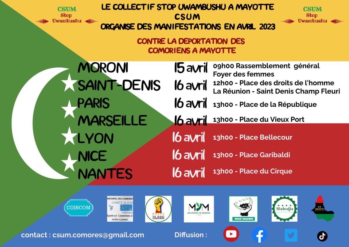 Mouezi_F's tweet photo. Grandes manifestions et rassemblement des mouvements de la société civile aux Comores, en France et à la Réunion  les 15 et 16 avril 2023. Soyons nombreux-ses et partagez massivement ! https://t.co/7d1df0Jkv1
