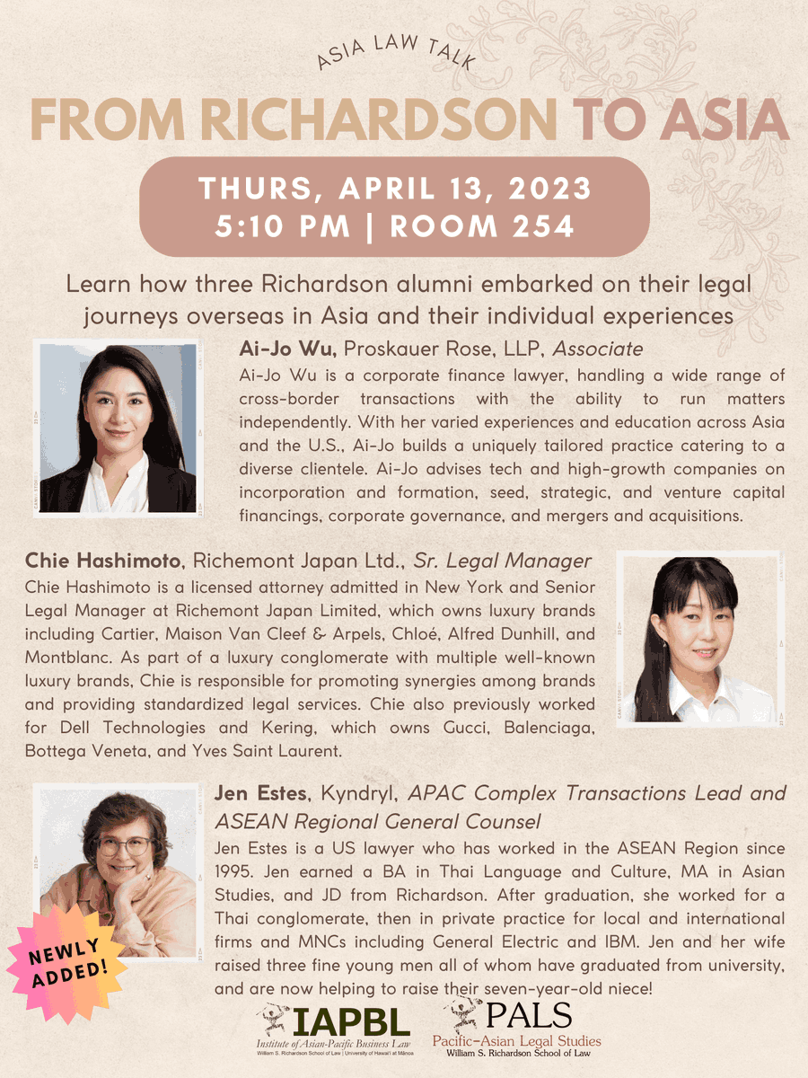 WSRLPALS's tweet photo. THREE #WSRSL alumni will be speaking about their legal journey from Hawai'i to Asia on Thursday, April 13, 2023 at 5:10 P.M., Room 254! 

#WSRSLPALS https://t.co/LUVcGQabkH