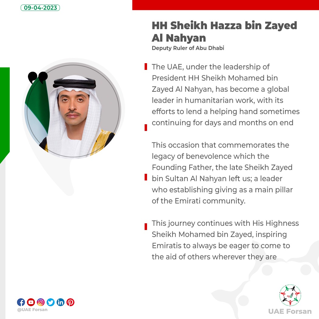 UAE_Forsan's tweet photo. HH Sheikh Hazza bin Zayed Al Nahyan in a statement on the occasion of Zayed Humanitarian Work Day
#UAE #ZayedHumanitarian #يوم_زايد_للعمل_الإنساني
#زايد_الخير https://t.co/pVgMJzqe2S