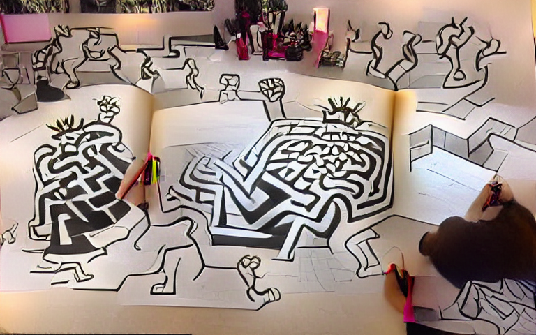 a precise ink monochromatic drawing of a 2-dimensional labyrinth in the style of keith haring