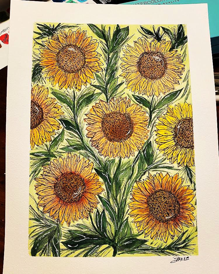 bpezell's tweet photo. Quiet Easter in my studio…
Bob Ross called it “Happy Little Accidents” An off center sunflower turned what would have been a sunflower mandala into a sunflower garden. 🌻🌻🌻
9x12 Mixed Media
#ArtMatters #MixedMedia #WatercolorFun https://t.co/DbH5Hi59mT