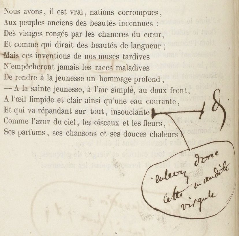 MariePicasso's tweet photo. « Enlevez donc cette maudite virgule » 
———
Charles Baudelaire, né le 9 avril 1821. (Épreuves corrigées de ses « Fleurs du mal » 1857) https://t.co/qotwUFMxZl