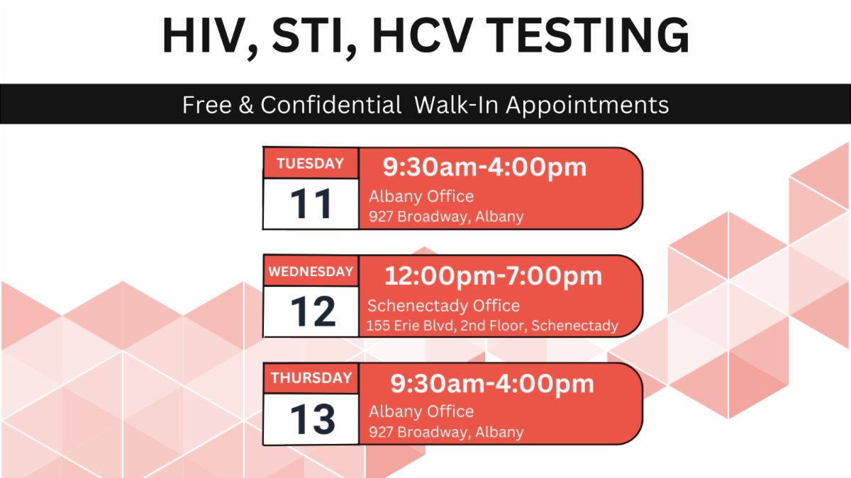 AllianceLGBTQ's tweet photo. 👀 Check out this week's testing hours, always free and confidential. Walk-In appointments only.  ⏩https://t.co/qFOBqS8ceI
#KnowYourStatus #HIV #STI #HCV #Albany #Schenectady #Troy #NortheasternNY https://t.co/emYKoUA7Ne