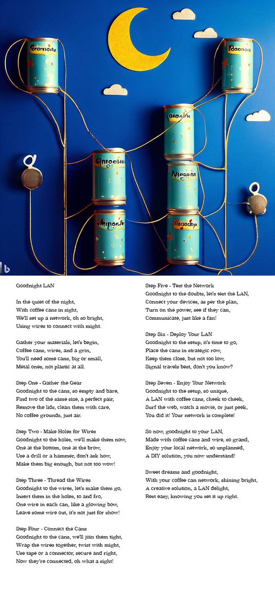 An installation and deployment guide for a local area network using coffee cans and wire in the style of Goodnight Moon.