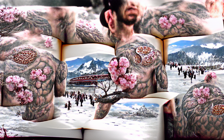 a book of elaborate tattoos, high definition 4k, snow piercer, cherry blossoms