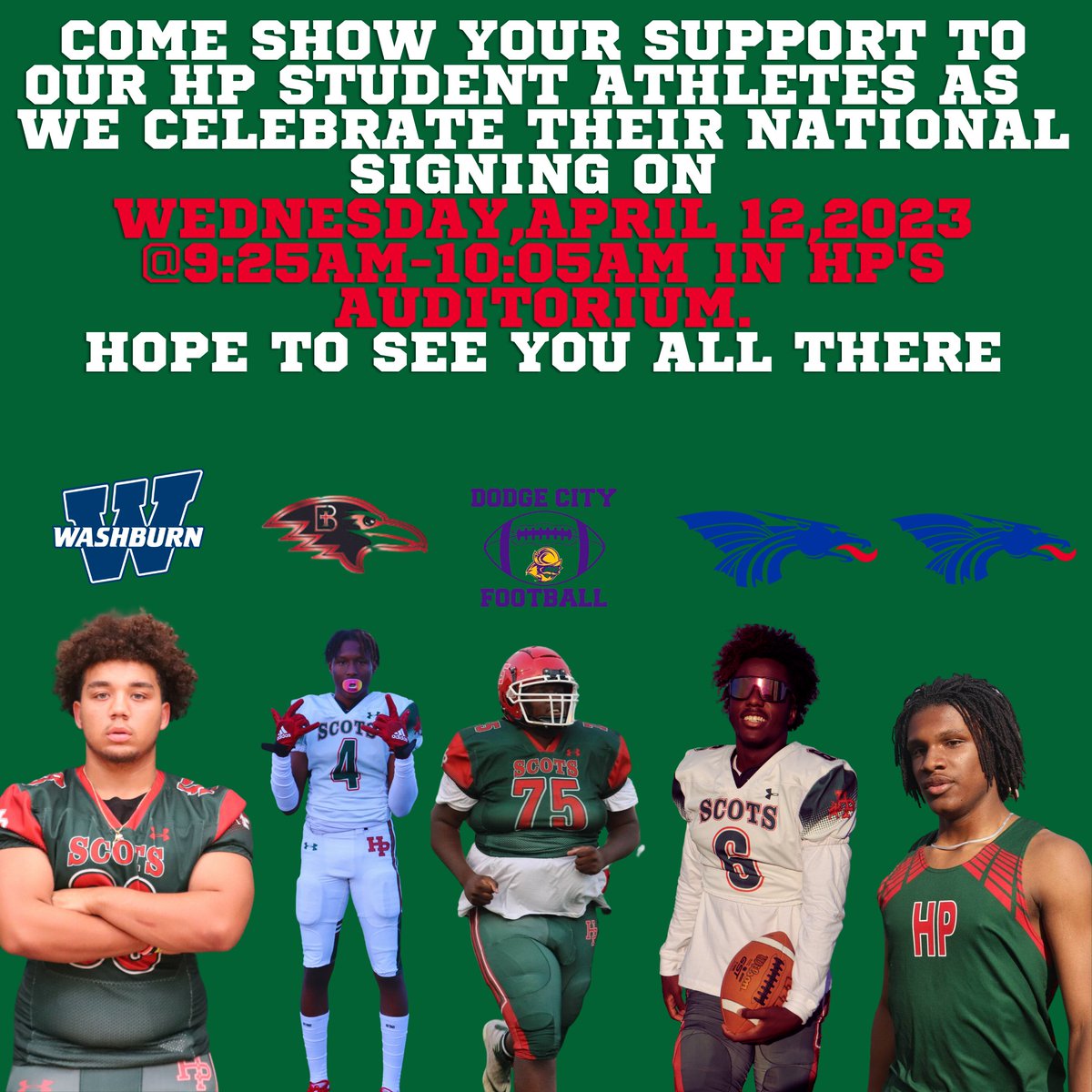 MamaRich74's tweet photo. @Trerich20 and the other football captains (Mackey,Aydren and Keijuan) and our Lineman Big Gabe will be having a signing ceremony on Wednesday, April 12,2023 during Scot Time(9:25am-10:05am)in HP's Auditorium. Proud of these fellas! #SeeYouThere https://t.co/JYVYrPbAxL