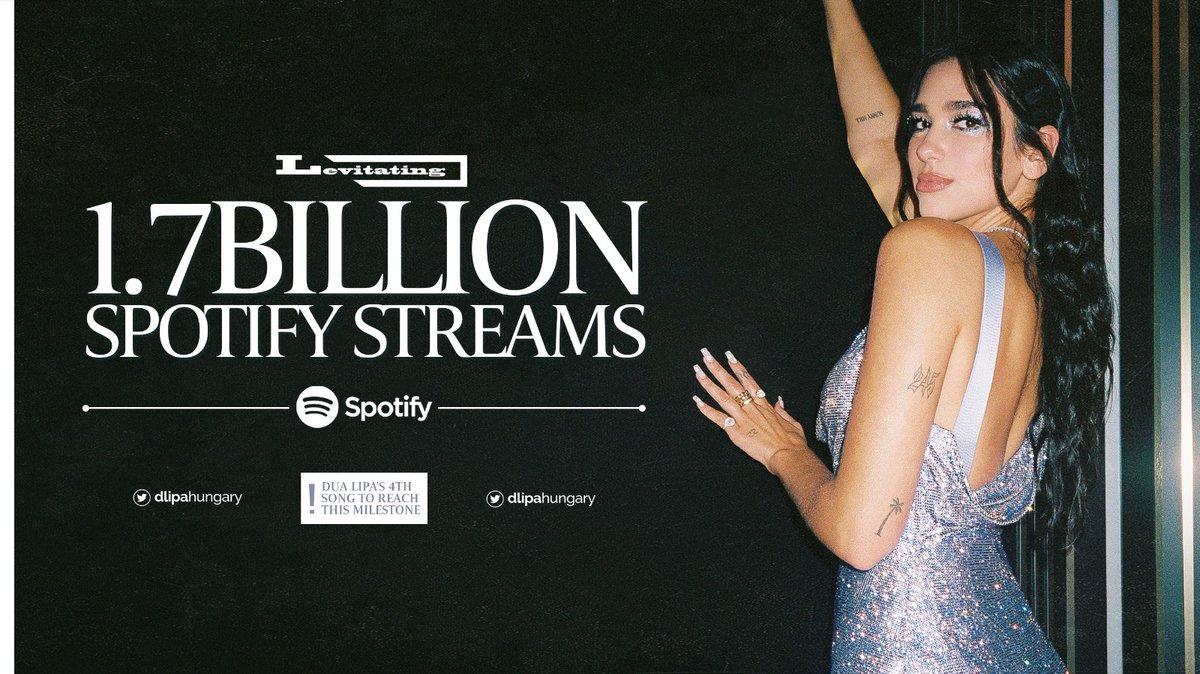 dlipahungary's tweet image. 🎧 | “Levitating (Remix)” has surpassed 1.7 Billion streams on Spotify, making @DUALIPA the first female artist in history have 4 songs reach this milestone on the platform!