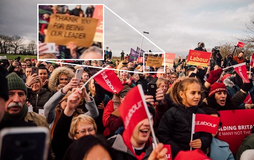 sue_lees's tweet photo. Starmer's Army is still posting the old Corbyn crowd photo &amp; pretending they're supporters of the toolmaker's son. Compare that original yellow coloured poster in which they'd replaced the original wording referring to Corbyn with one word, 'Labour'. https://t.co/uuMrOfP8b8