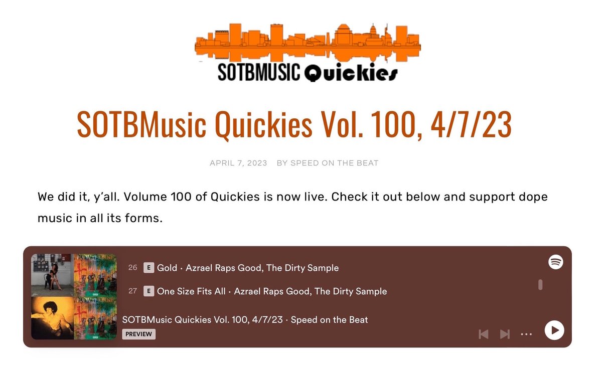 Much love to @SpeedontheBeat for including AzraelRapsgood x The Dirty Sample's two singles, 'Gold' and 'One Size Fits All', on volume 100 (!) of their SOTBMusic Quickies...

speedonthebeat.com/2023/04/07/sot…