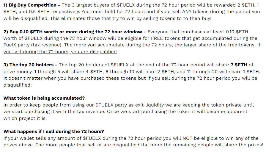 fuelx_io's tweet photo. The first $FUELX party is live! There are 3 ways to earn rewards/tokens:

1) The 3 biggest buys get 2 $ETH, 1 $ETH, 0.5 $ETH

2) Everyone purchasing 0.10 $ETH or more gets FREE tokens

3) Top 20 holders share 7 $ETH

If you sell, you are disqualified!

https://t.co/wwNtLs8S9R https://t.co/Wkd6C5YiRL