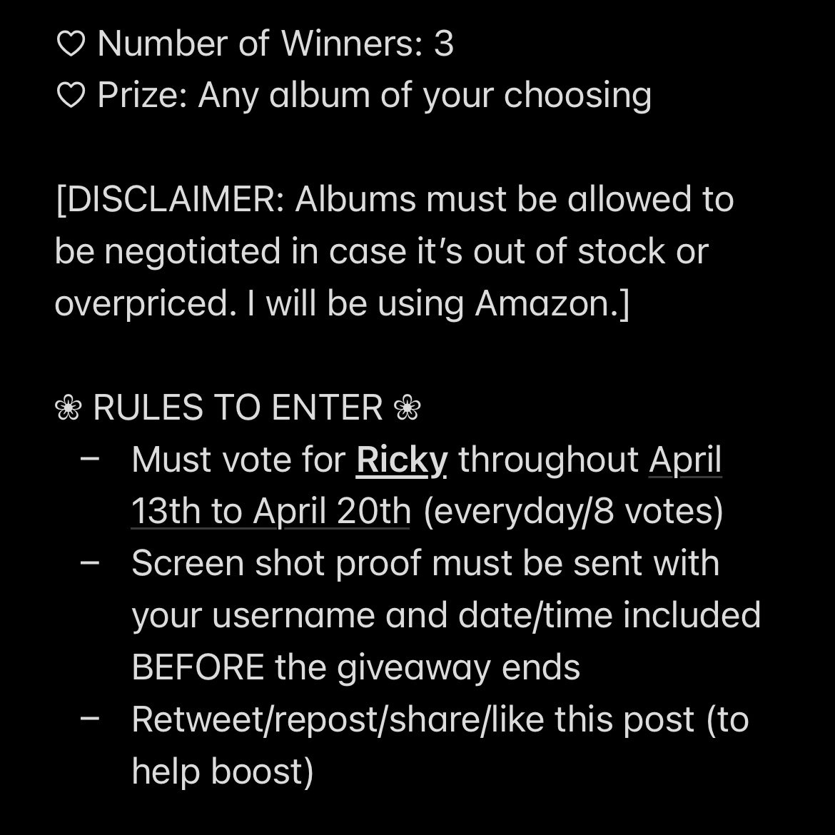 zerosewhip's tweet photo. ♡ ALBUM GIVEAWAY IN EXCHANGE FOR BOYS PLANET RICKY VOTES!

♡ Read the information below to join!

♡ Anyone can enter, even those who don’t watch Boys Planet. 

♡ (Additional rule) MUST fill out this form: https://t.co/eKDYmafGYr

#BOYSPLANET #RICKY #KPOPALBUM #GIVEAWAY #KPOP https://t.co/MBAJYuRyGD