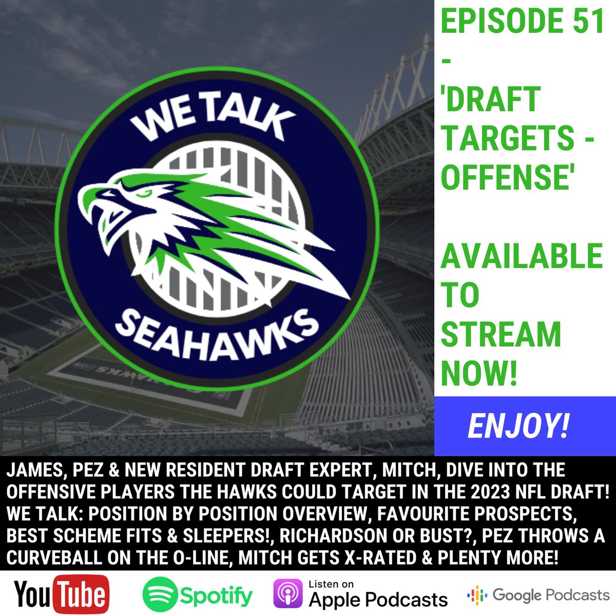 Josh_12Talk's tweet image. 🚨 New Pod Alert 🚨 
The latest @wetalkseahawks pod is out! Jimbo, Pez and our new resident draft specialist Mitch discuss this years #NFLDraft offensive prospects for the #Seahawks Check it out on all your podcasting apps and YouTube #seahawknation #seahawkers #seahawksfans