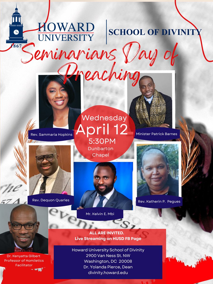 You are invited to our Part 2 of Seminarians' Day of Preaching! On April 12th at 5:30pm in Dunbarton Chapel on West Campus our Divinity Students will offer creative and anointed Homilies. SDOP is facilitated by our own Dr. Kenyatta Gilbert, Professor of Homiletics. Please join us