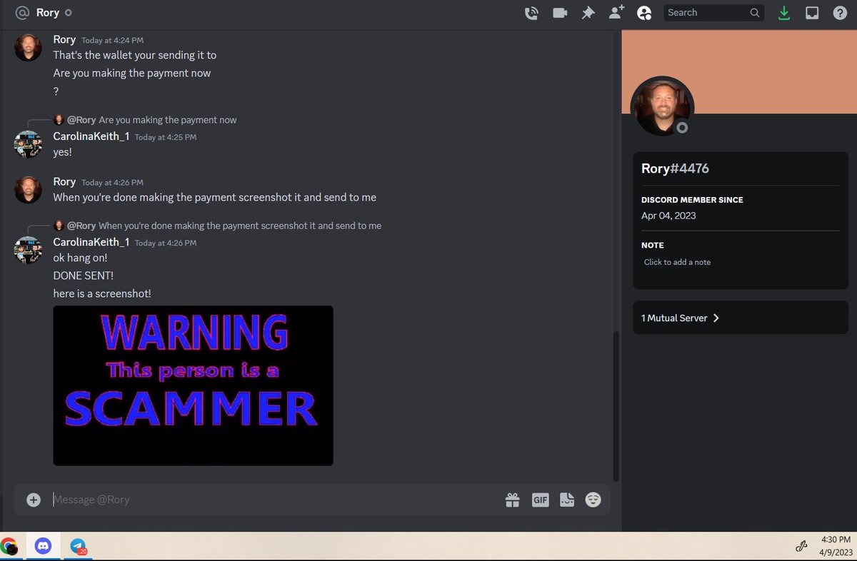 Carolinakeith_1's tweet photo. Scammers are prevalent in crypto, discord and telegram especially. 

if you attempt to scam me, imma blast your ass all over the web. 

sorry "rory"  I sent him ZERO except this link)

scammer BTC adress : SEND NOTHING!!!
TGhmm6boQih27KdmrAE1HkDMem5JmoX2bx

#btc #eth #crypto https://t.co/8f23LAFis9