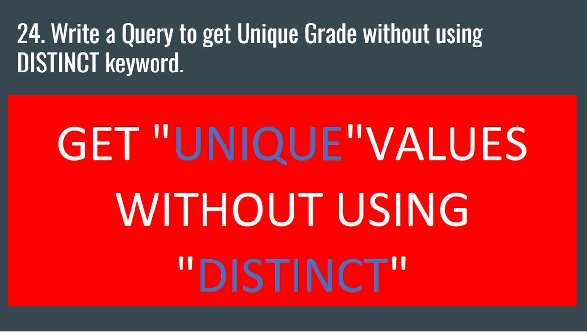 Atul_Anand_TDM's tweet image. Write a Query to get Unique Grade without using DISTINCT keyword
youtu.be/MSL-97ysa8w
#sqlinterviewquestionsandanswers
#sql
#sqlqueries
#SQLforDataScientist
#LearnSQL
#LearnSQLqueries
#SQLtips
#DataMillennials
#SQLtricks
#distinctrecords
#sqldistinct
#sqluniquerows
#distinct