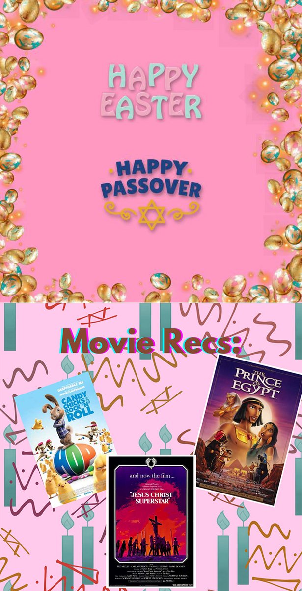 CFSFilmSchool's tweet photo. Happy Easter and Passover, CFS! 

This weekend take some time watch some fun movies and ring in the spring holidays.

Hop, 2011, PG
Prince of Egypt, 1998, PG
Jesus Christ Superstar, 1973, G https://t.co/wbn5hPzaOi