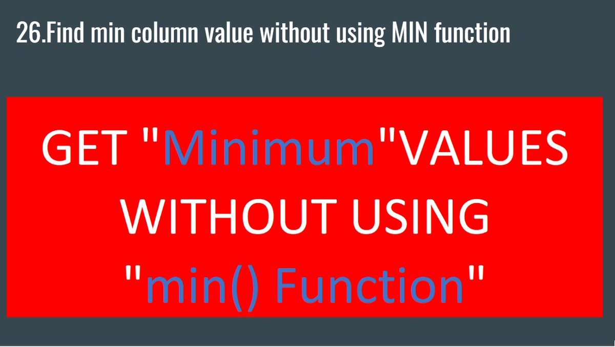 Atul_Anand_TDM's tweet image. Find min column value without using MIN function
youtu.be/OimGHR_vLbk
#sqlinterviewquestionsandanswers
#sql
#sqlqueries
#SQLforDataScientist
#LearnSQL
#LearnSQLqueries
#SQLtips
#DataMillennials
#SQLtricks
#SQLDataMillennials
#sqlminfunction
#minfunction
#sqlmin
#min