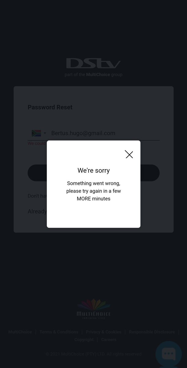 BertusHugo's tweet photo. @DStv what the hell? My password doesn't work and I can't reset it? Ridiculous. Fix it please. https://t.co/50VbWmR0dx