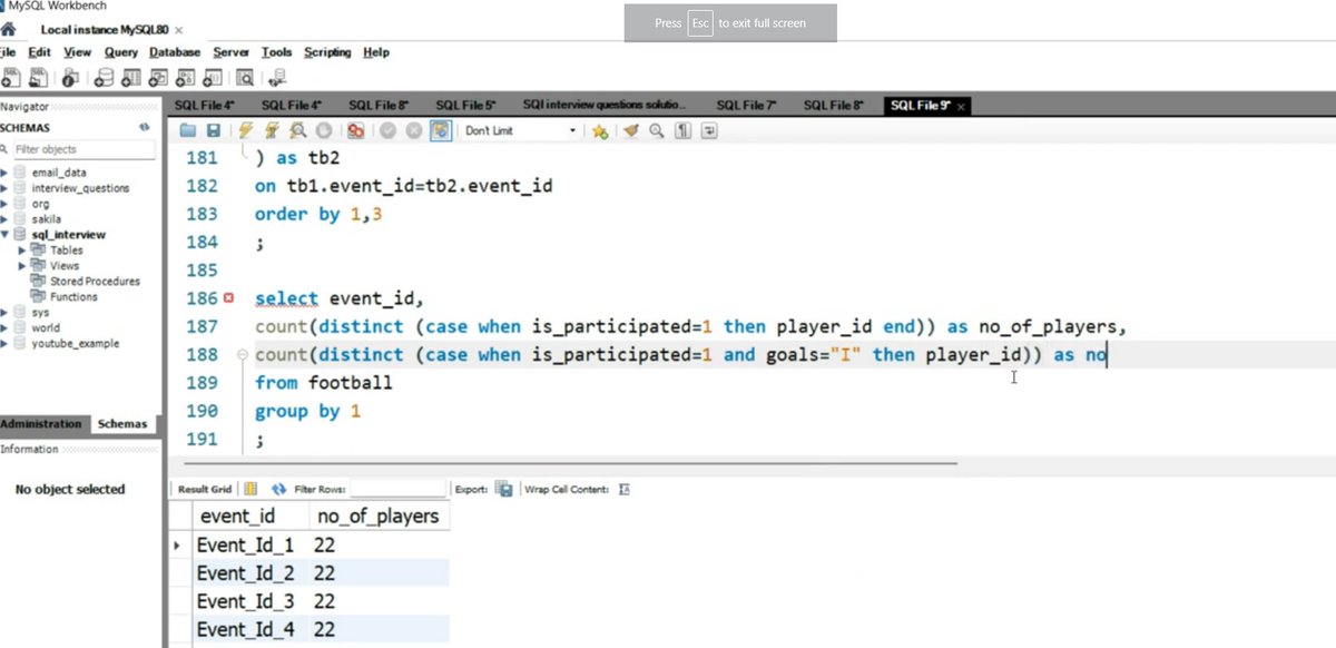 Atul_Anand_TDM's tweet image. How to find out the number of player who scored the goal and who has not scored the goal
youtu.be/GrwYvK7jk0A
#sqlinterviewquestionsandanswers
#sql
#sqlqueries
#SQLforDataScientist
#LearnSQL
#LearnSQLqueries
#SQLtips
#DataMillennials
#SQLtricks
#SQLData
#sqlfunction