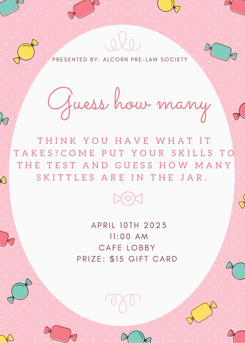 AlcornPLS's tweet image. Join us in the cafe lobby on Monday April 10th for our “Guess how many” event come out a test your skills and win a $15 food gif card