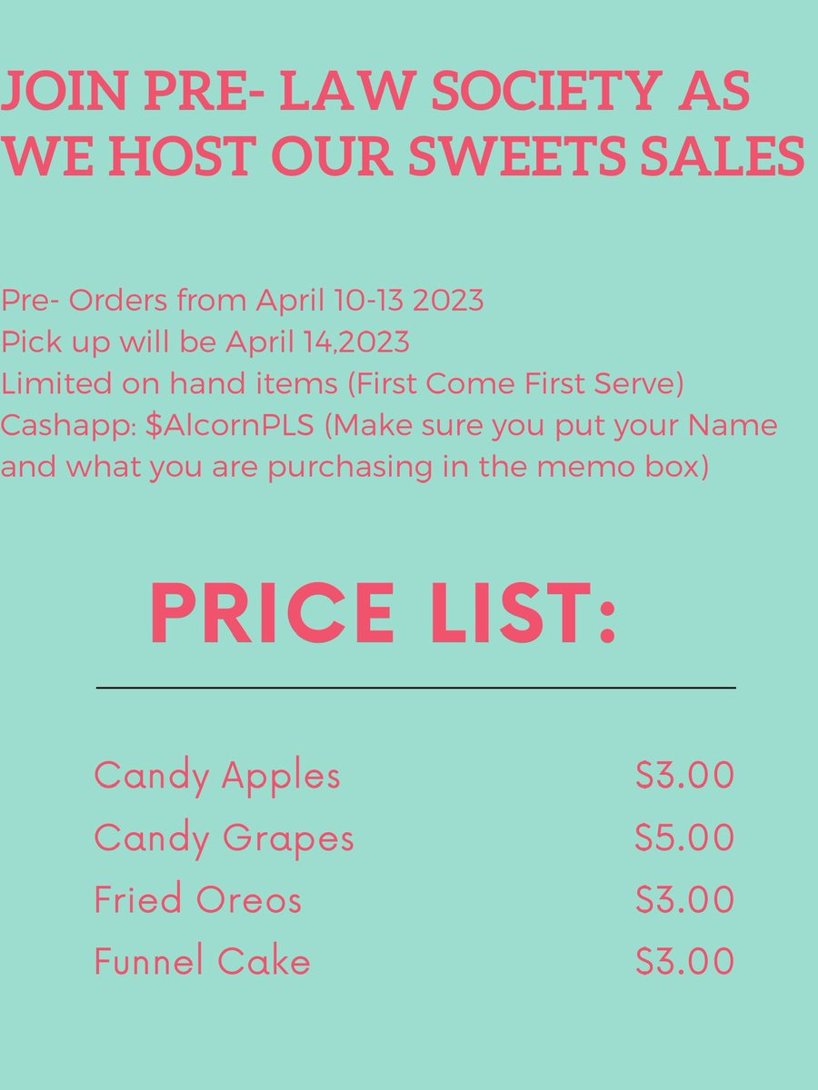 AlcornPLS's tweet image. Join us as we host our Pre Law Sweets Sale pre orders start tomorrow and will end Thursday get your orders in 😊😊