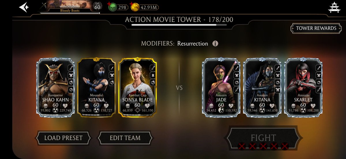 whailler4ever's tweet photo. I have crawled my way to 178. Stuck yet again, I shall overcome one day.
#mkmobile #MortalKombat #mkmobilegame https://t.co/BZXoV1VVHJ