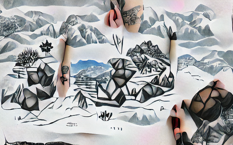 a bold ink drawing of geometric shapes overlayed on a beautiful naturalistic Swiss landscape with snow covered rocky mountains