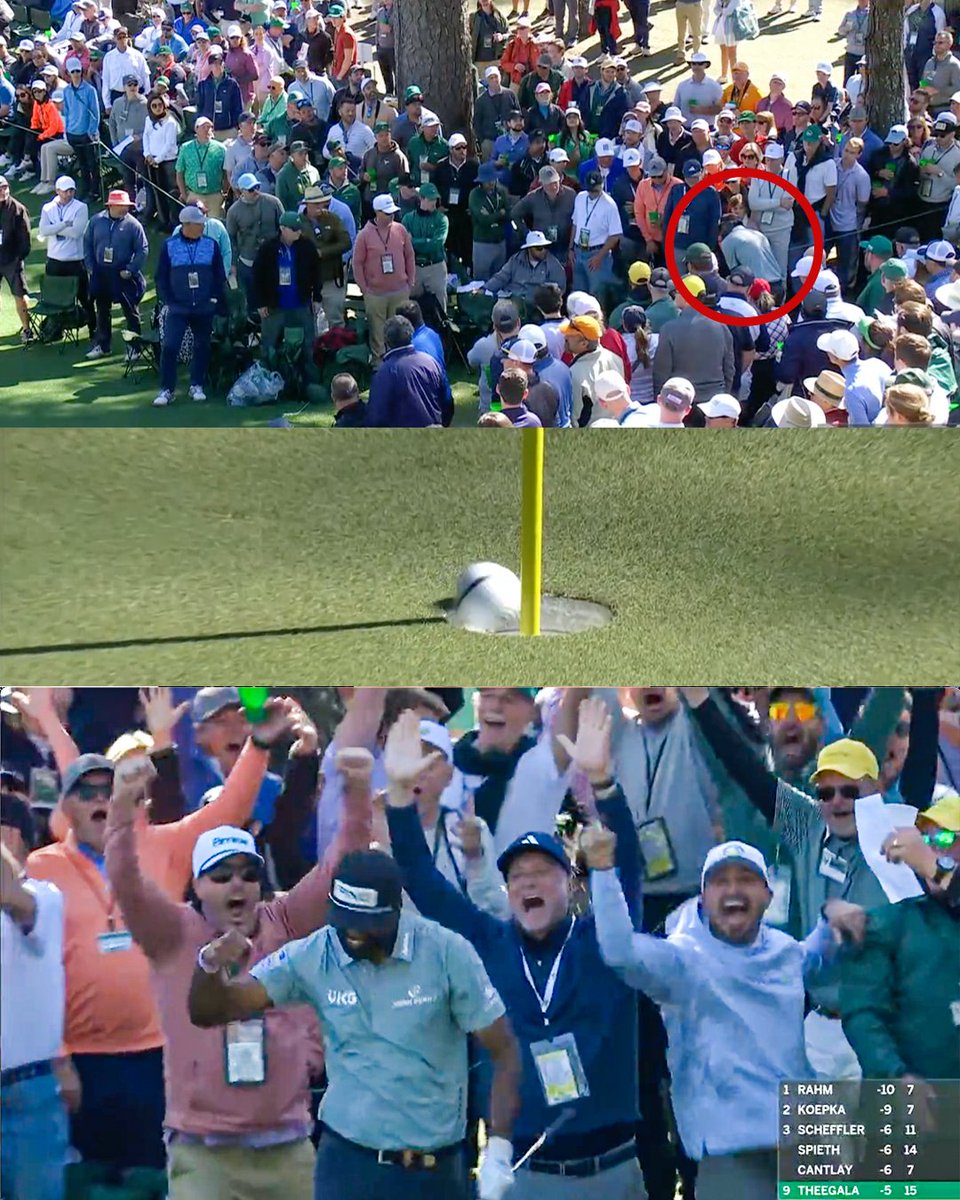 espn's tweet photo. This Sahith Theegala chip for birdie from the crowd was UNREAL 😧 #TheMasters https://t.co/A793HEoCZD
