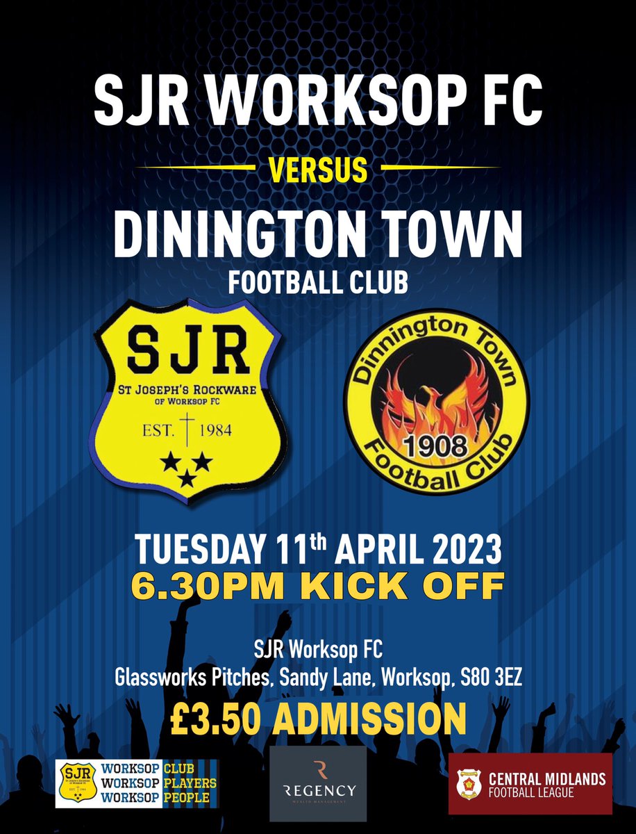 SJR Worksop vs <a href="/DinnoTownFC/">Dinnington Town Football Club</a> 
🏆 @CentralMidsFL 
📅 Tues 11th April
⏰ 6.30PM
📍 Rockware Sports Ground S80 3EZ
🎟 Adults £3.50 Concessions £2.50
🎫 Kids free 
📖 Programs £2
🥧Tuck Shop Open
🍺Available in the clubhouse
<a href="/NonLeagueCrowd/">Non League Crowds</a> <a href="/DeltaNorbridge/">Norbridge Academy</a> @NonLgeProgs @NonLeagueRTs