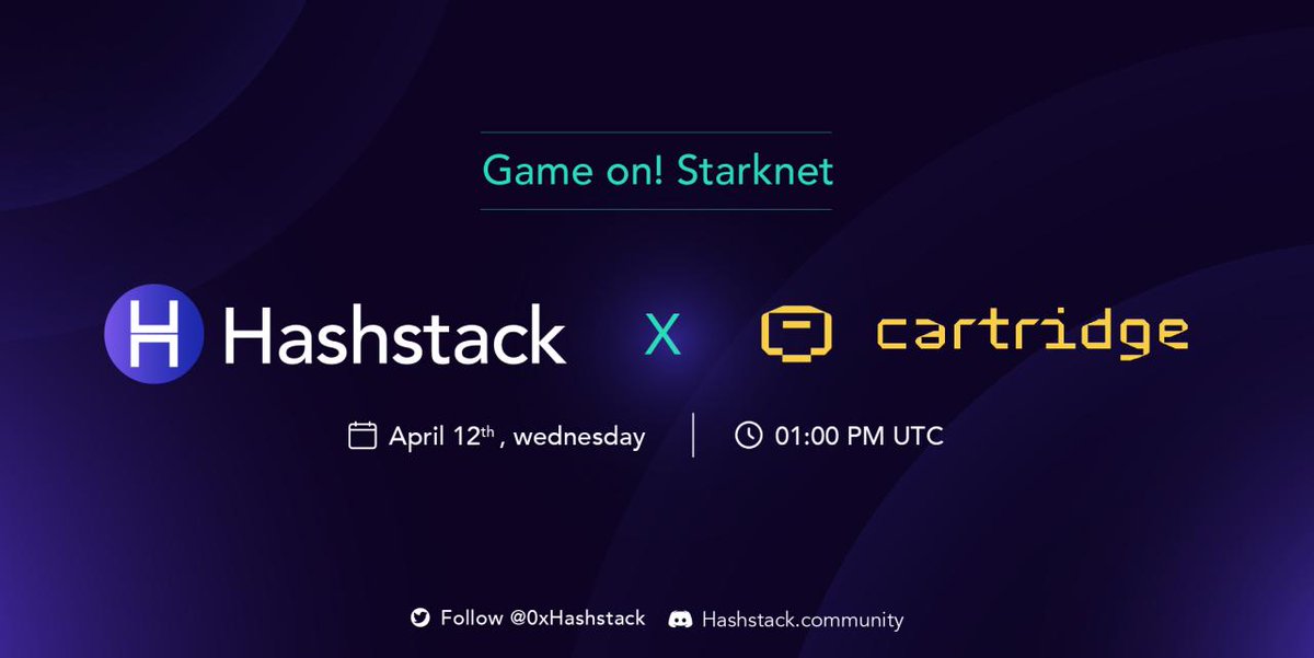 We're excited to host the .<a href="/cartridge_gg/">Cartridge</a> team for a Twitter Spaces about gaming on Starknet  🙌

📆 12 April @ 1 pm UTC

Primary link: x.com/i/spaces/1BRJj…
Backup link: x.com/i/spaces/1djGX…

🔗 .<a href="/Galxe/">Galxe</a> OAT: galxe.com/Hashstack/camp…