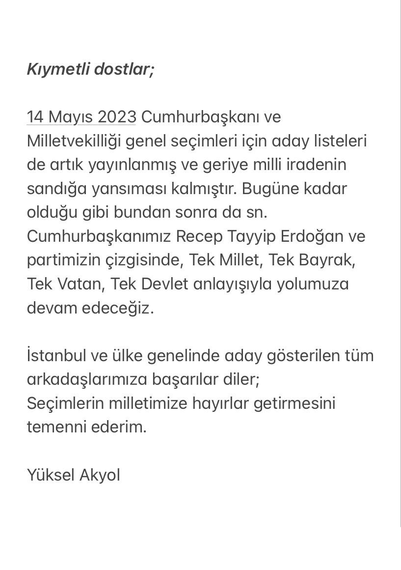 Aday gösterilen tüm arkadaşlarımıza seçimlerde başarılar dilerim.