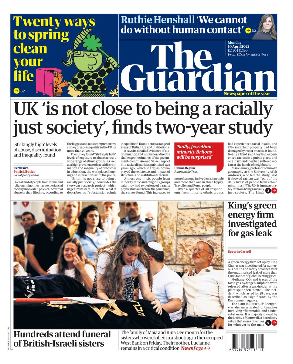 guardian's tweet photo. Guardian front page, Monday 10 April 2023: UK ‘is not close to being a racially just society’, finds two-year study https://t.co/ecFSJRAsSW