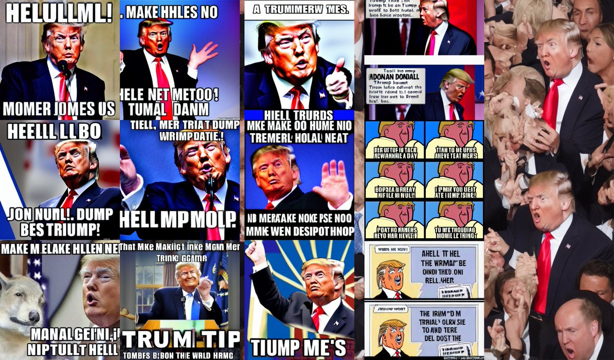 zer0int1's tweet photo. Damn, accidentally using wrong model (#stablediffusion 1.4 instead of #instructpix2pix) = best discovery ever!
I mean, look at this #shitpost - time to #trashy #meme like it's 2014! Thanks, #CLIP!
(wat r u doin tho my #AI?!!11 lulz)
#AIart #AIfart #trump 4 #queen #AIceOfSpades https://t.co/Vf0qHwX6uy
