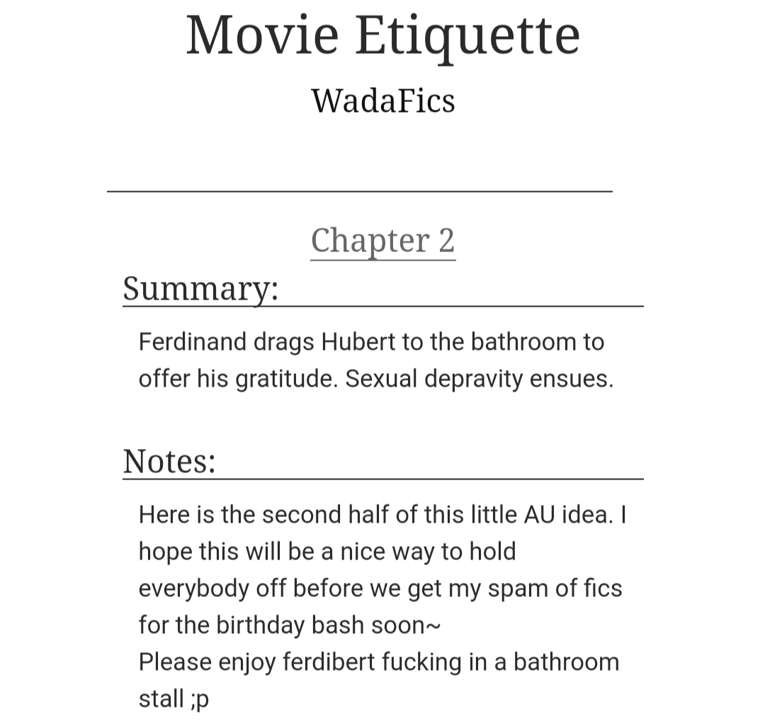 MahouMiss's tweet photo. "Movie Etiquette" | Part 2 | NSFW Modern #Ferdibert #HuFer
SUMMARY: Ferdinand brings Hubert into the movie theater's bathroom to continue where they left off. Lewd behavior ensues within a stall.
READ HERE: https://t.co/F65qDAEHrf https://t.co/XJFXGrdVdu