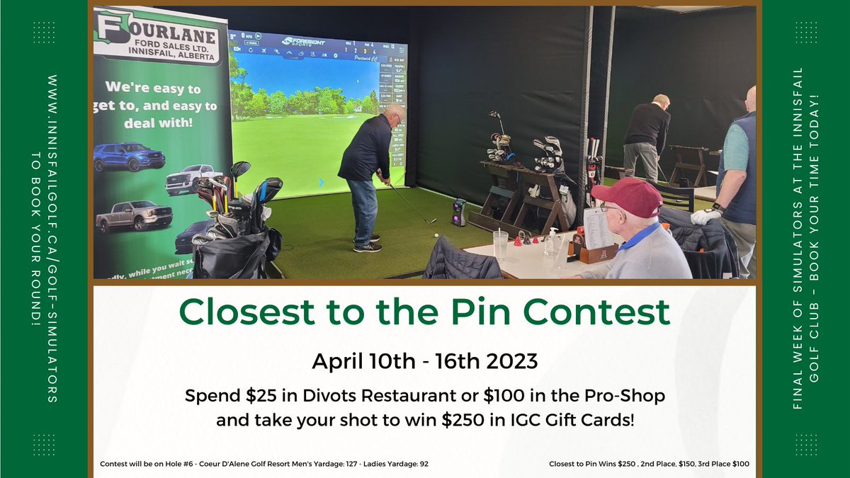 Our simulators are coming down on Monday, April 17th!

In the meantime, we're holding a "Closest to the Pin" contest all week long!

If you spend $25 at Divots, or $100 in
the Pro-Shop, you'll get your shot at winning $250 in
IGC Gift Cards!

We'll see you later this week!
